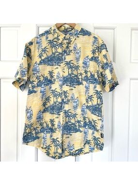 Izod Yellow and Blue Saltwater Island Print Short-Sleeve Button-Down Shirt